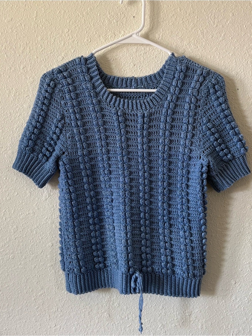 handmade short sleeve blue crochet pom-pom sweater